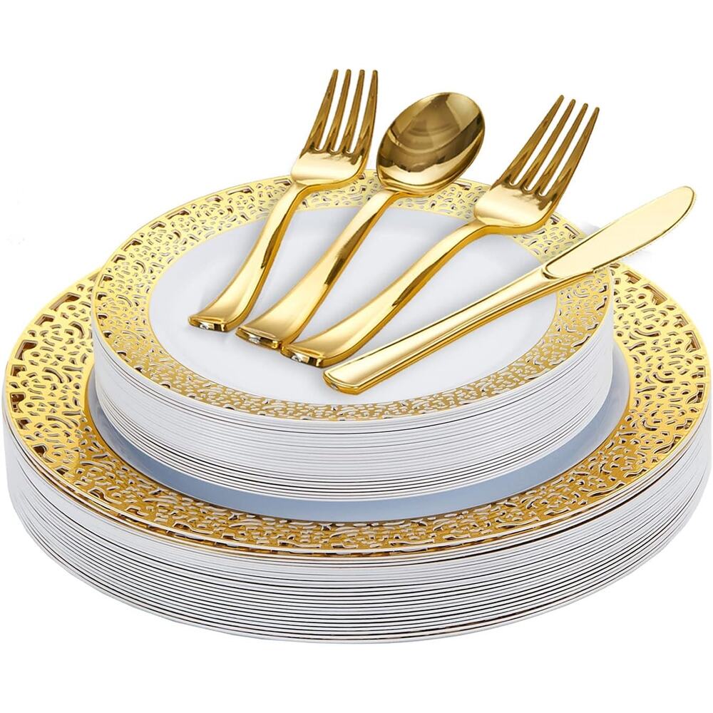 150PCS White and Gold Plastic Plates Disposable Dinnerware Set with Elegant Lace